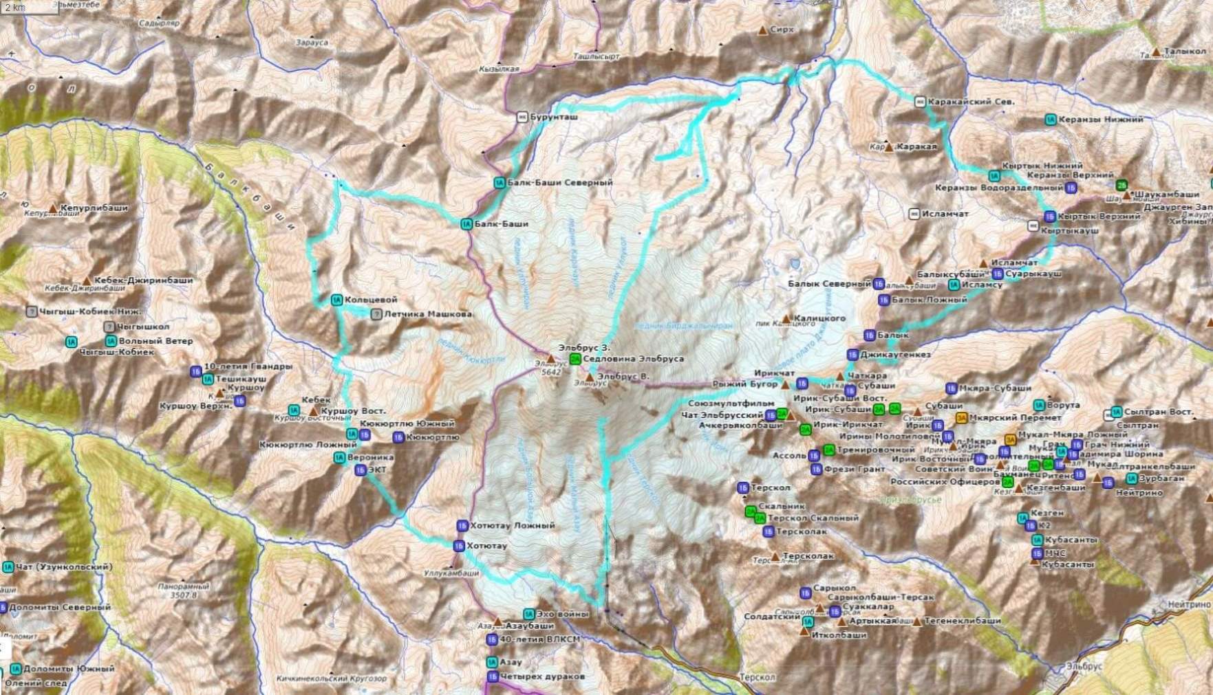 Карта приэльбрусья подробная с маршрутами